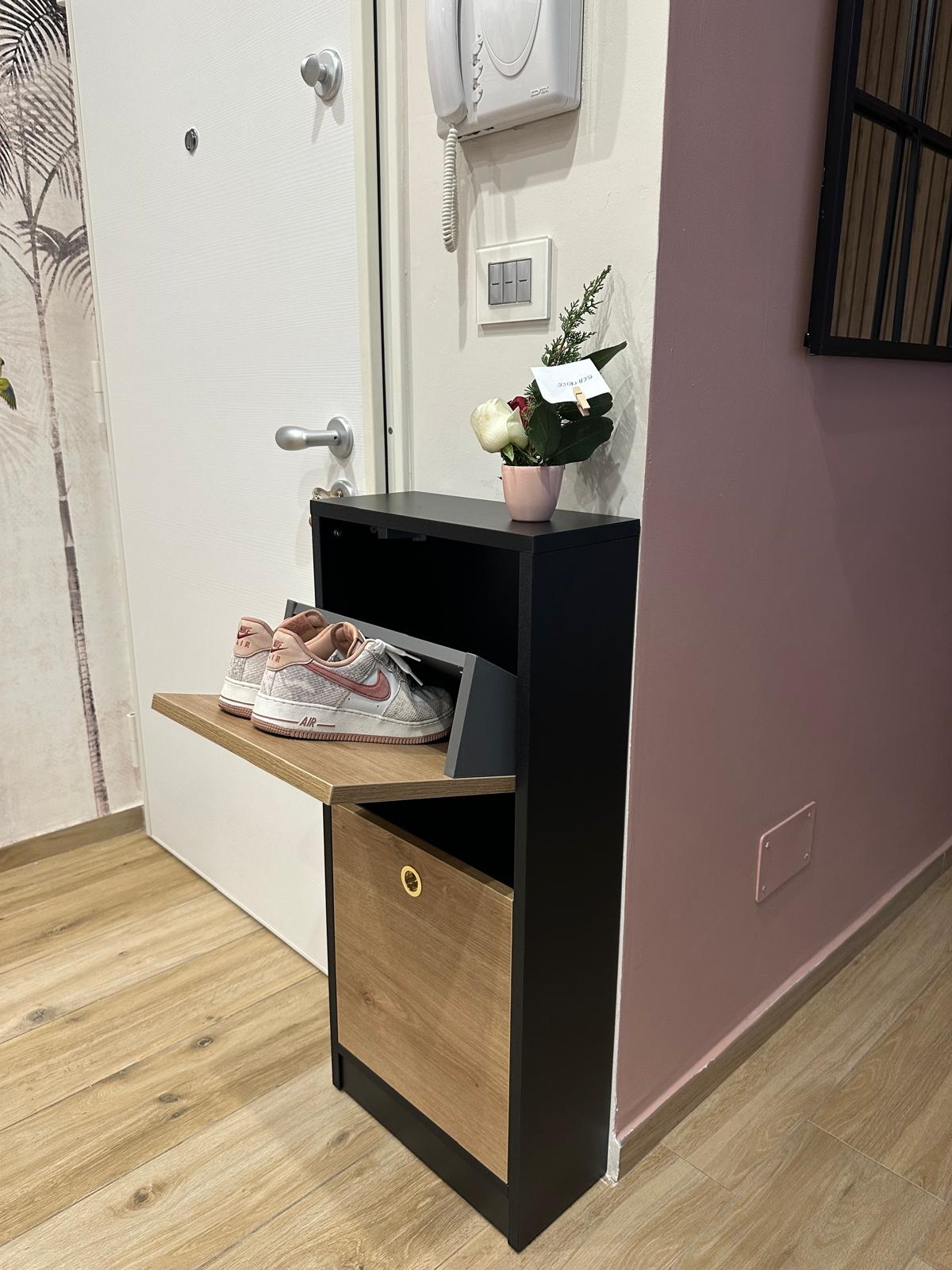 Scarpiera 2 ribalte da appoggio in Nero e Rovere 